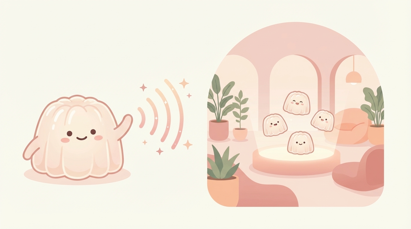 콜라겐을 먹으면 → 흡수된 펩타이드가 피부 세포에 '신호'를 보내요 → 피부의 섬유아세포가 이 신호를 받아서 스스로 콜라겐을 만들어요!