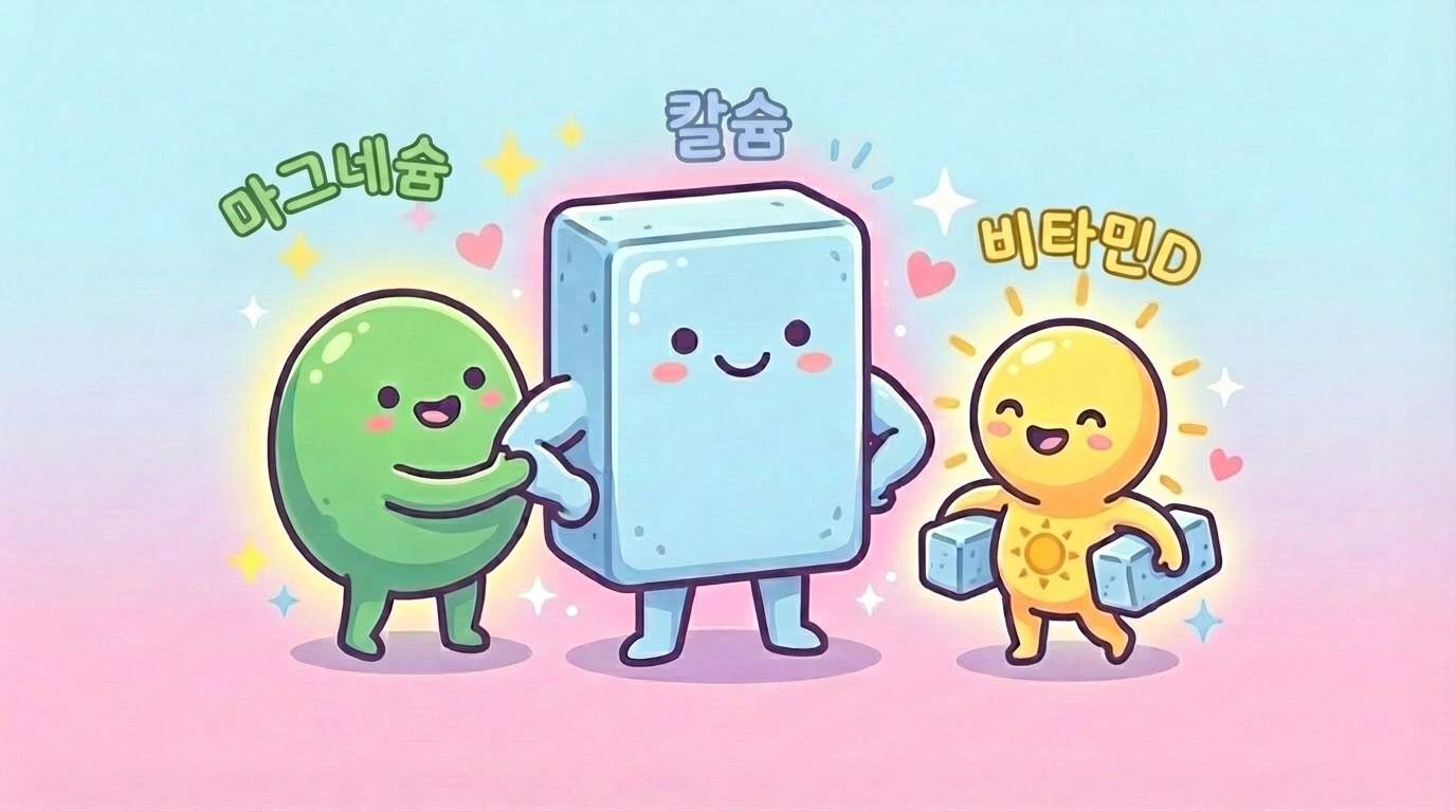 요즘은 칼슘 단일제보다 셋이 함께 든 '칼마디' 건강기능식품이 인기입니다