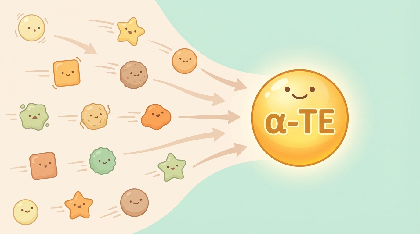 가장 효과가 좋은 '알파-토코페롤'을 기준으로 환산한 단위가 α-TE예요