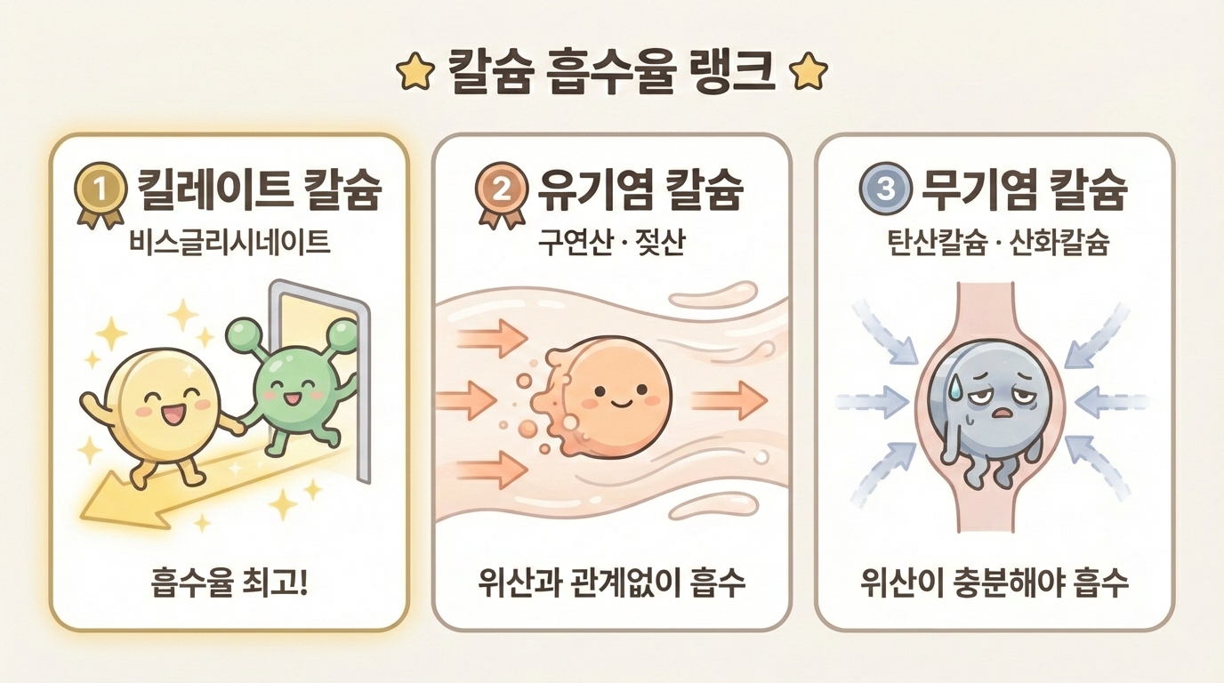 칼슘 흡수율 순서 킬레이트, 유기염, 무기염