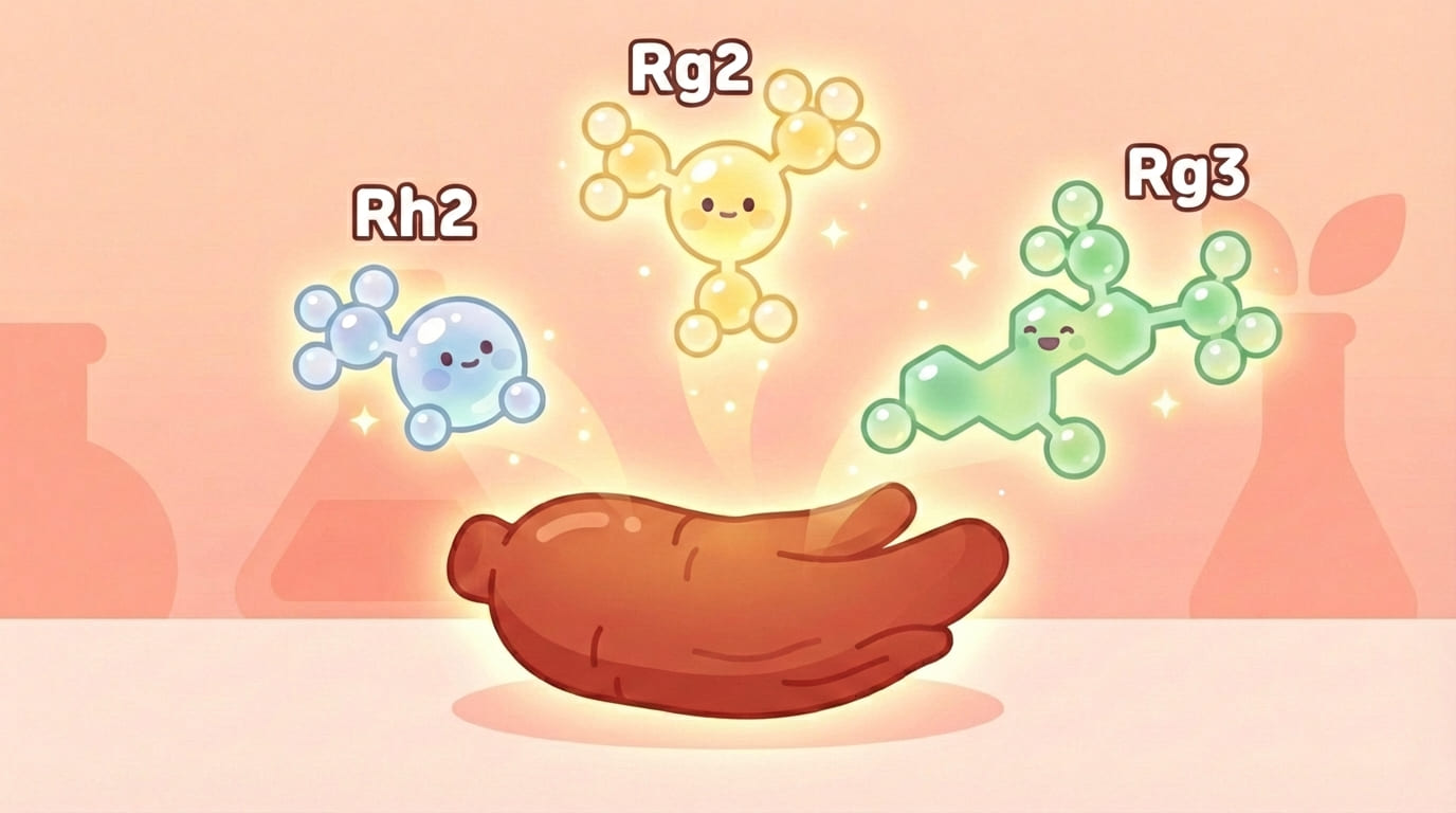 진세노사이드도 구조에 따라 Rh2, Rg2, Rg3 등 여러 종류로 나뉩니다