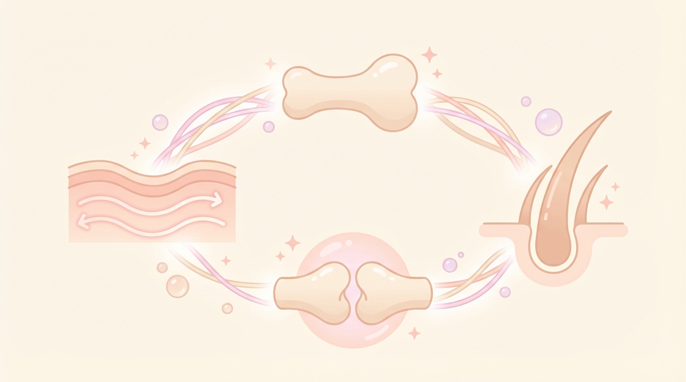 피부가 탄력을 잃고, 관절이 뻣뻣해지고, 머리카락이 가늘어지는 이유 중 하나가 바로 이 콜라겐 감소 때문이에요